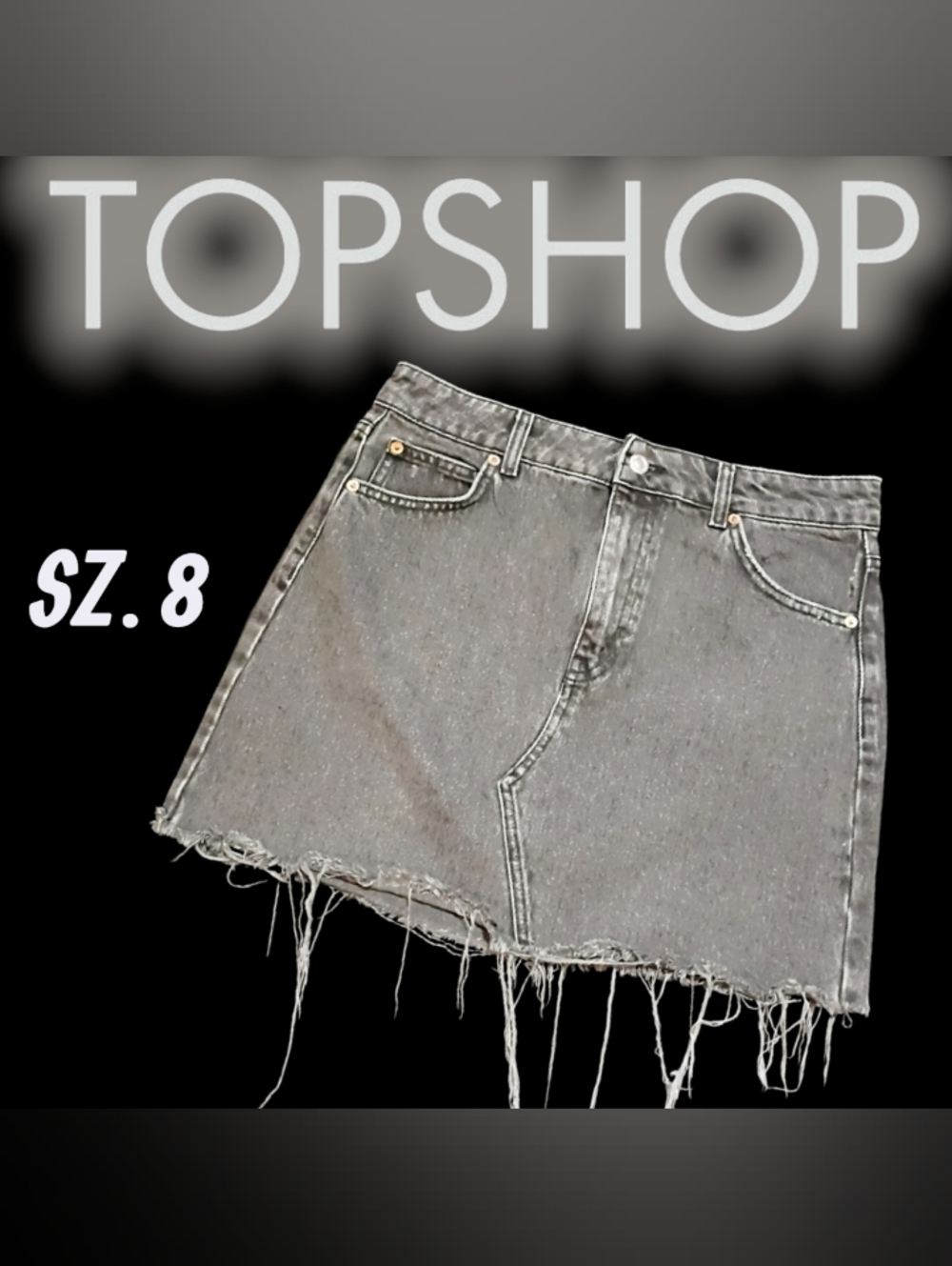 Topshop Acid Washed Black Frayed Hem Denim Mini Skirt Sz.8